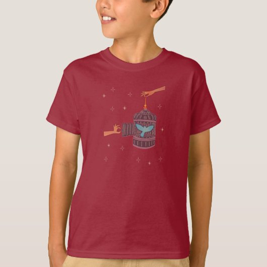 フリー・バードの鳥かご｜フォークアートの手と青い鳥 Tシャツ (正面)