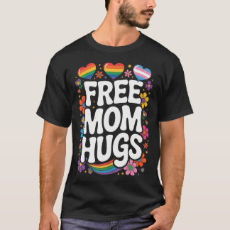 フリー・マム・ハグス 虹 ハート LGBT フラッグ レズビアン・ゲイ Tシャツ