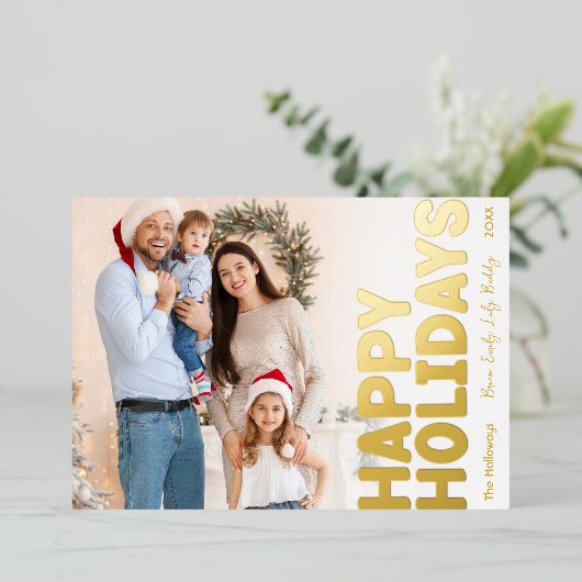 フルはっきりしたモダンフォトハッピー金ゴールド 箔シーズンカード (立ち正面)