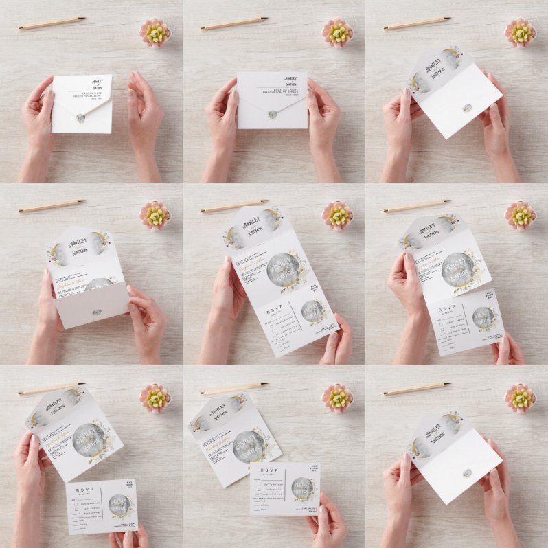 フルエレガントムーンワイルドフラワー金ゴールド水彩 オールインワン招待状