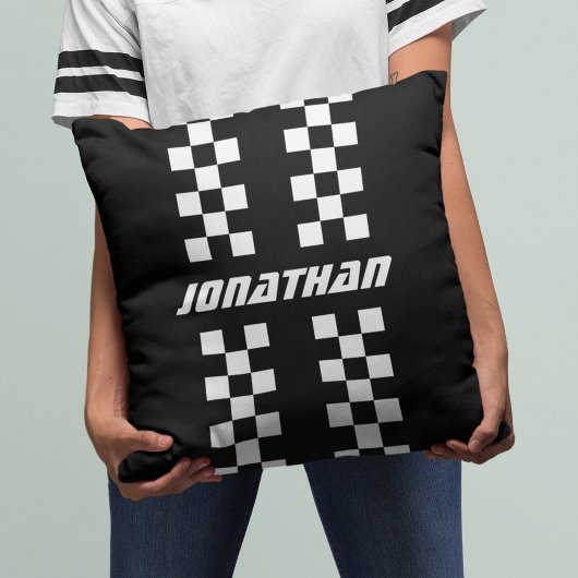 フルカラーカスタムの名前を二重市松模様にストライプ文字 クッション