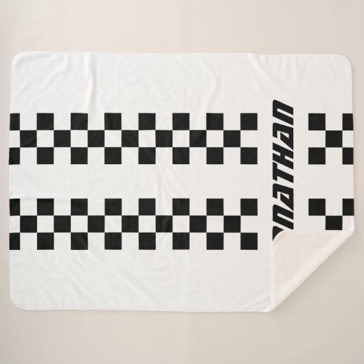 フルカラーカスタムの名前を二重市松模様にストライプ文字 シェルパブランケット (正面(横))