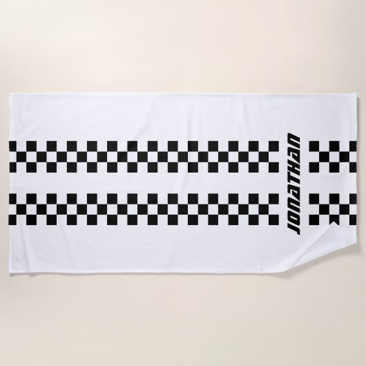フルカラーカスタムの名前を二重市松模様にストライプ文字 ビーチタオル (正面)