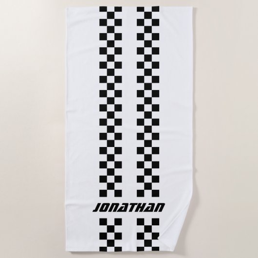 フルカラーカスタムの名前を二重市松模様にストライプ文字 ビーチタオル (正面)