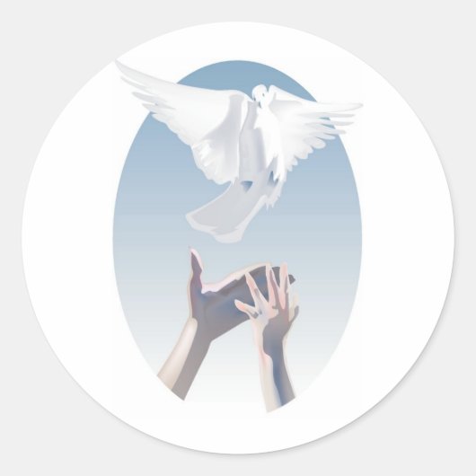 フルカラー鳩と手の画像 ラウンドシール (正面)