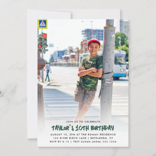 フルフォトカスタマイズ任意の年齢のモダン誕生日 招待状 (正面)