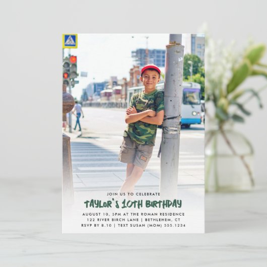 フルフォトカスタマイズ任意の年齢のモダン誕生日 招待状 (スタンド正面)