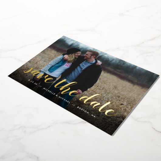 フルフォトハンドレタリング結婚式の日付を保存 箔招待状 (回転した状態)