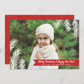 フルフォトパインズニードルレッドバナーホリデーカード シーズンカード (正面/裏面)