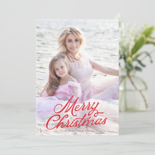 フルフォトレッドレタリングオーバーレイメリークリスマス シーズンカード (スタンド正面)