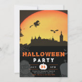 フルムーンウィッチ飛んでいるタウンブラックハロウィーン 招待状 (正面)
