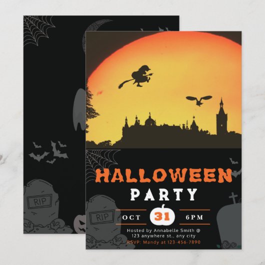 フルムーンウィッチ飛んでいるタウンブラックハロウィーン 招待状 (正面/裏面)