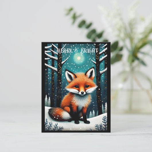フルムーンスノーウィーナイトフォレストかわいいキツネクリスマス ポストカード (スタンド正面)