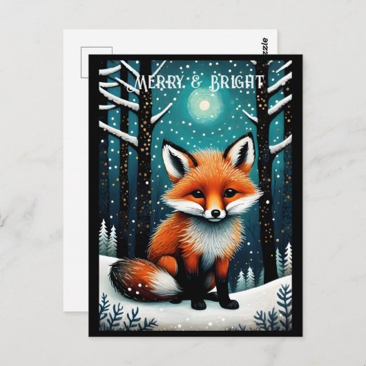 フルムーンスノーウィーナイトフォレストかわいいキツネクリスマス ポストカード (正面/裏面)
