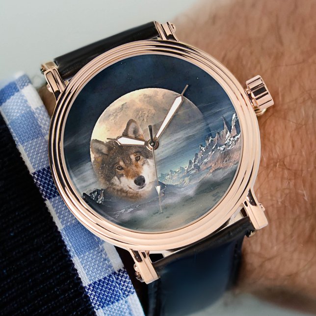 フルムーンファンタジーランドスケープウルフウォッチ 腕時計 (Men's watch featuring a painted magical fantasy landscape with a full moon and wolf.)