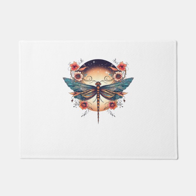 フルムーンミッドナイトブルーボタニカルボホクールフローラ ドアマット (正面)