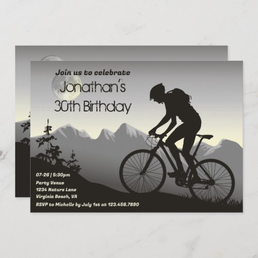 フルムーン付きマウンテンバイクサイクリング誕生日 招待状 (正面/裏面)