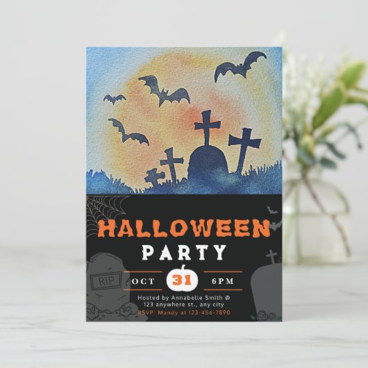 フルムーン、こうもり、および墓地ブラックハロウィーン 招待状 (スタンド正面)