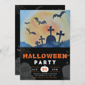 フルムーン、こうもり、および墓地ブラックハロウィーン 招待状 (正面/裏面)