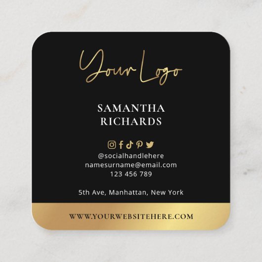 フルモダンフォトブラックおよび金ゴールドトレンディーインフルエンサー スクエア名刺 (裏面)