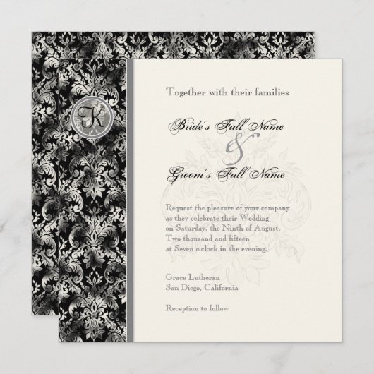 フルーアディライスダマスク – ブラック結婚式招待状 招待状 (正面/裏面)