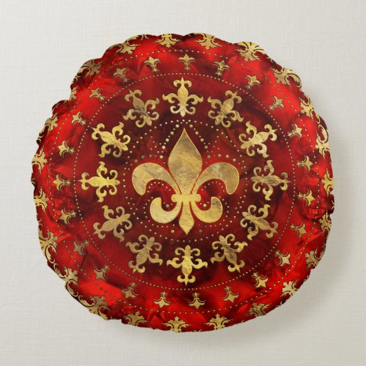 フルーアデリスオーナメントレッドマーブルアンド金ゴールド ラウンドクッション (正面)