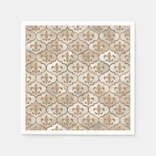 フルーアデリス模様の真珠と金ゴールド スタンダードカクテルナプキン (正面)