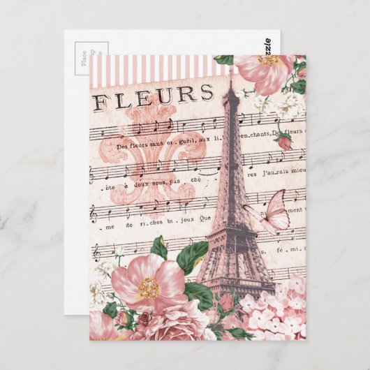 フルーアフランスのエッフェルタワーコラージピンクピンク ポストカード (正面/裏面)