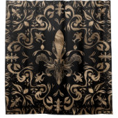 フルーア・デ・リスオーナメント・ブラックと金ゴールド シャワーカーテン (正面)