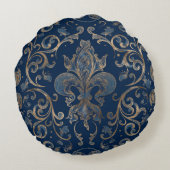 フルーア·デ·リス·オーナメント·ブルー·マーブル·アンド·金ゴールド ラウンドクッション (裏面)