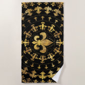 フルーア·デ·リス-円形オーナメント-金ゴールドと黒 ビーチタオル (正面)