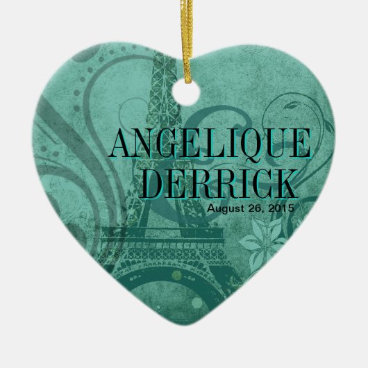 フルーアdeパリエッフェル塔の結婚式のティール(緑がかった色) セラミックオーナメント (正面)