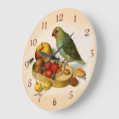 フルーツおよびナットを持つピグミーのオウム ラージ壁時計 (傾斜)