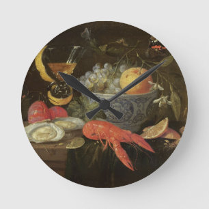 フルーツおよび貝1653年が付いている静物画(油 ラウンド壁時計