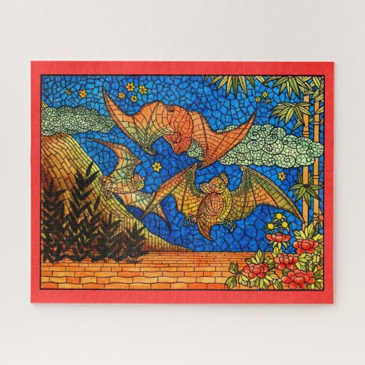 フルーツこうもりヴィンテージステンドグラスのモザイクの外観 ジグソーパズル (横)