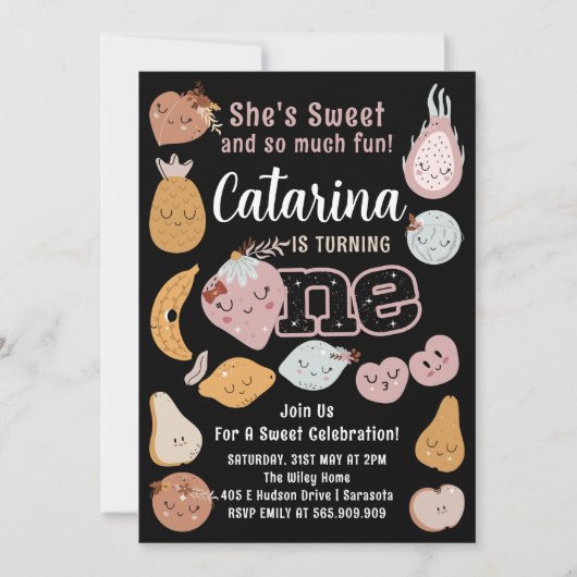 フルーツの最初の誕生日の招待、編集可能フルーツ 招待状 (正面)