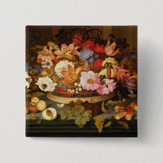 フルーツの静物画および花のバスケット 缶バッジ (正面)