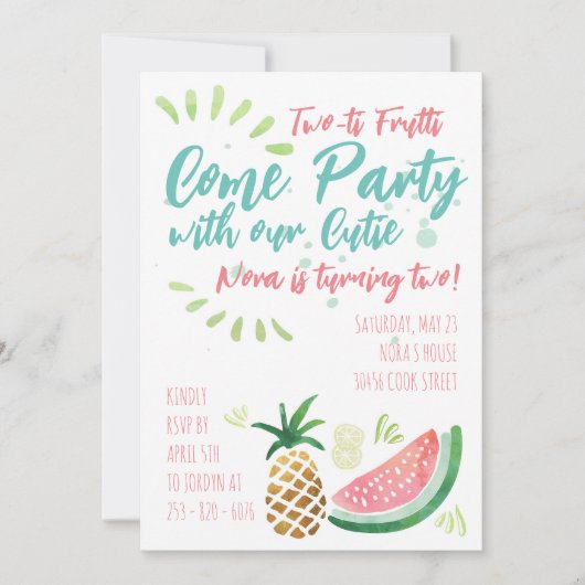 フルーツをテーマにしたパーティー招待状- 2歳の誕生日 招待状 (正面)