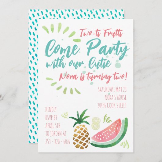 フルーツをテーマにしたパーティー招待状- 2歳の誕生日 招待状 (正面/裏面)