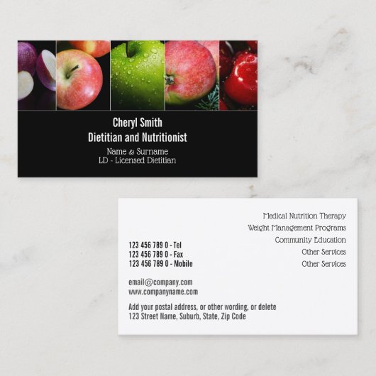 フルーツアップルのコラージュ写真の健康オーガニック食べ物 名刺 (正面/裏面)