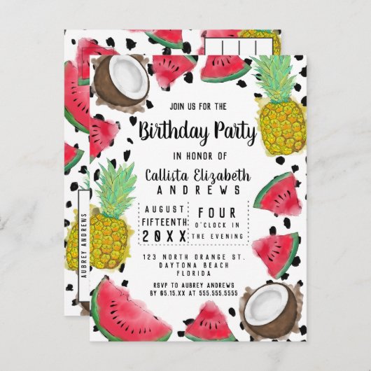 フルーツアートモダン水玉模様水彩誕生日 インビテーションポストカード (正面/裏面)