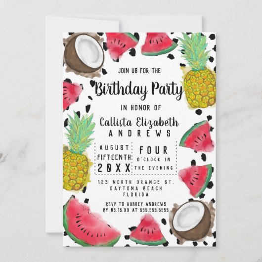 フルーツアートモダン水玉模様水彩誕生日 招待状 (正面)