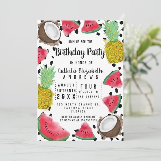 フルーツアートモダン水玉模様水彩誕生日 招待状 (スタンド正面)