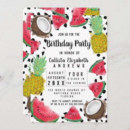 フルーツアートモダン水玉模様水彩誕生日 招待状 (正面/裏面)