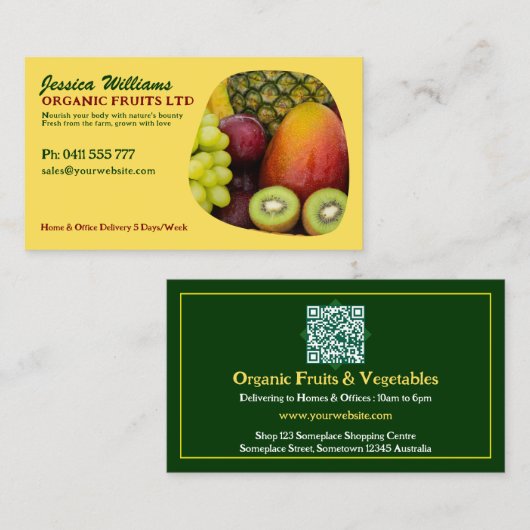 フルーツオーガニックフレッシュ鮮やかデザインとQRコード 名刺 (正面/裏面)