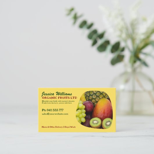 フルーツオーガニックフレッシュ鮮やかデザインとQRコード 名刺 (スタンド正面)