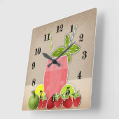 フルーツカクテルストロベリーアップルレモンライムレトロ スクエア壁時計 (傾斜)