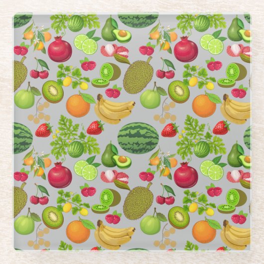 フルーツカラフルパターン01.b LGrey BG ガラスコースター (正面)