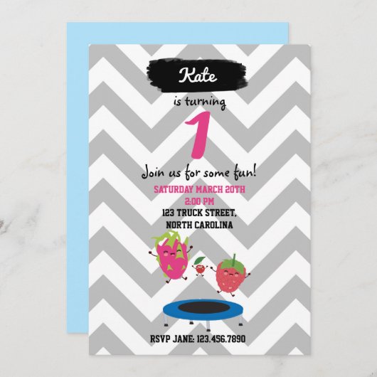 フルーツジャンピングオントランポリン誕生日招待状 招待状 (正面/裏面)