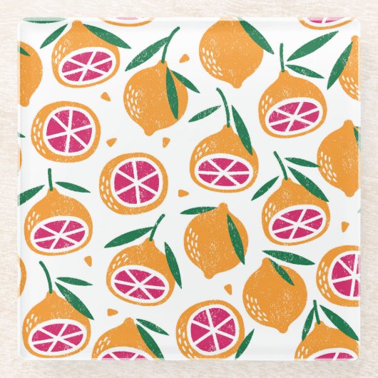 フルーツスタンプのテクスチャ付きシームレスパターン ガラスコースター (正面)